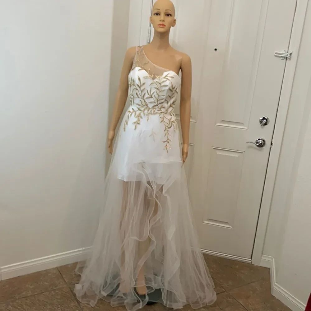 Fashion Nova Brideal Dress Medium Altered White Gold Sequins One Shoulder Mini